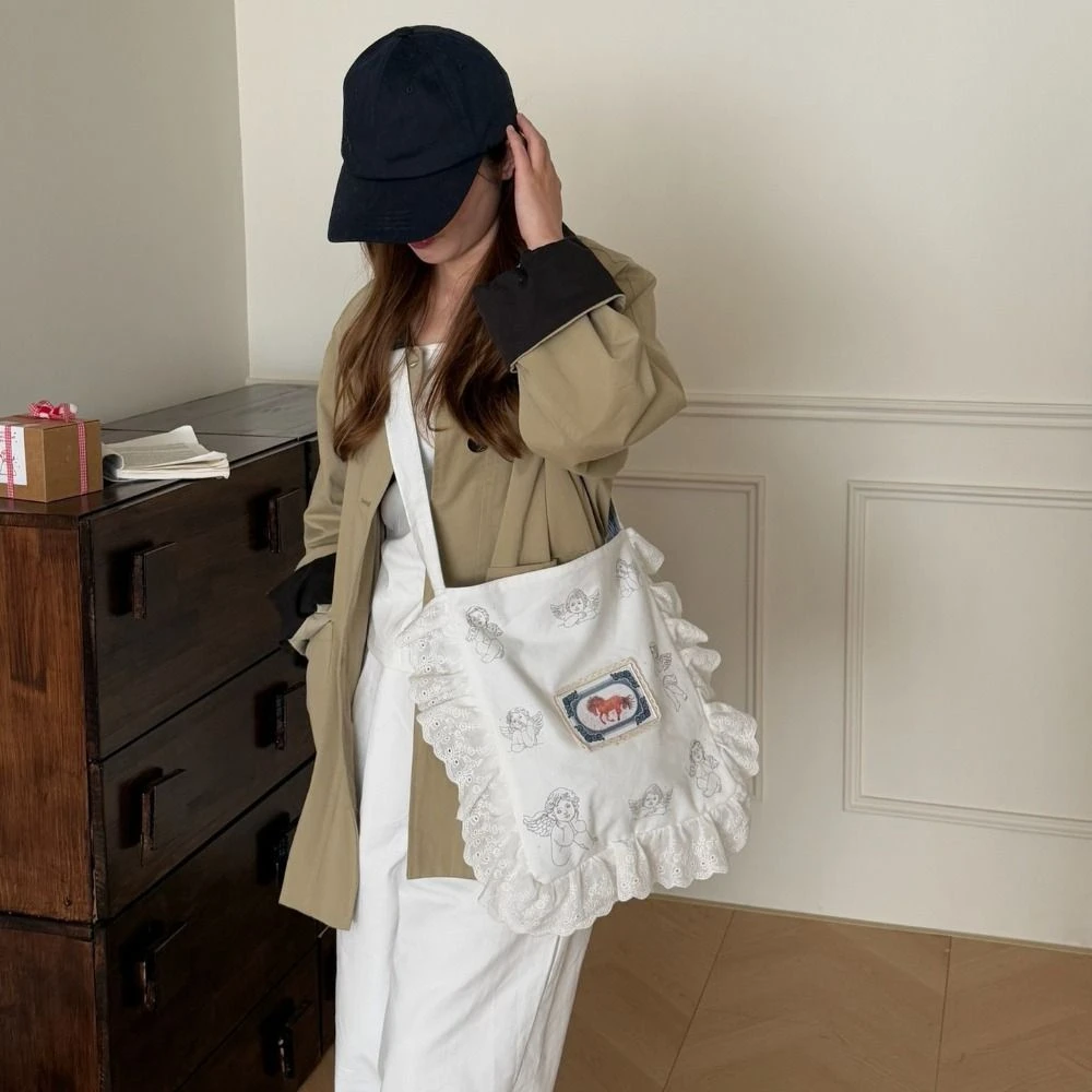 

Cute Polka Dot Ruffle Lace Canvas Bag Sweet Korean Style Bow Shoulder Bag Casual Large Capacity Plaid Shoulder Bag Student