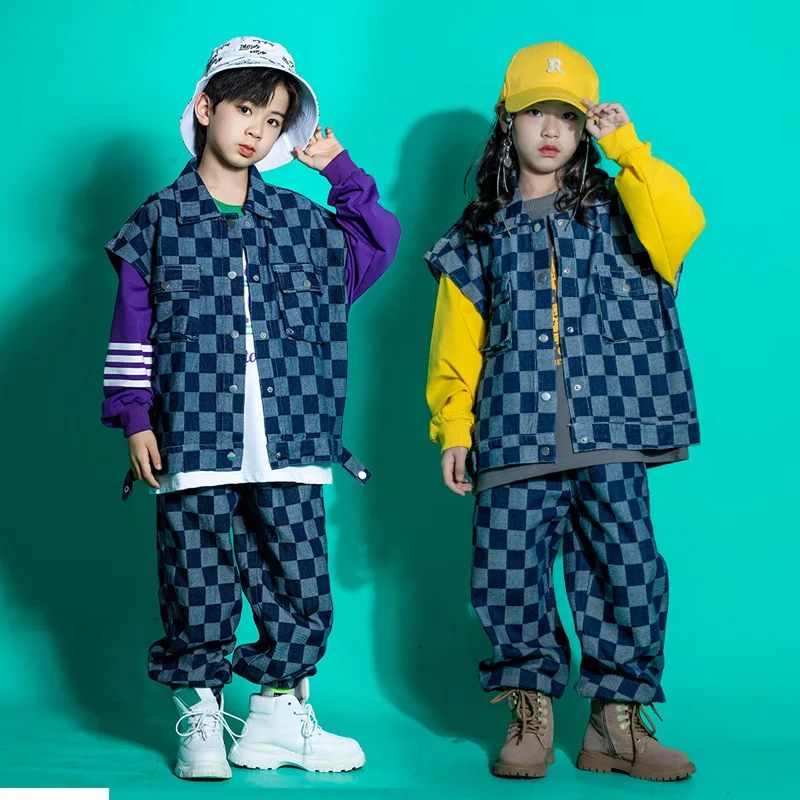 Girls Hip Hop Clothing Denim Blue Checkered Vest Sweatshirt Jeans Jogger Pants for Kids Boys Jazz Dance Costume Clothes