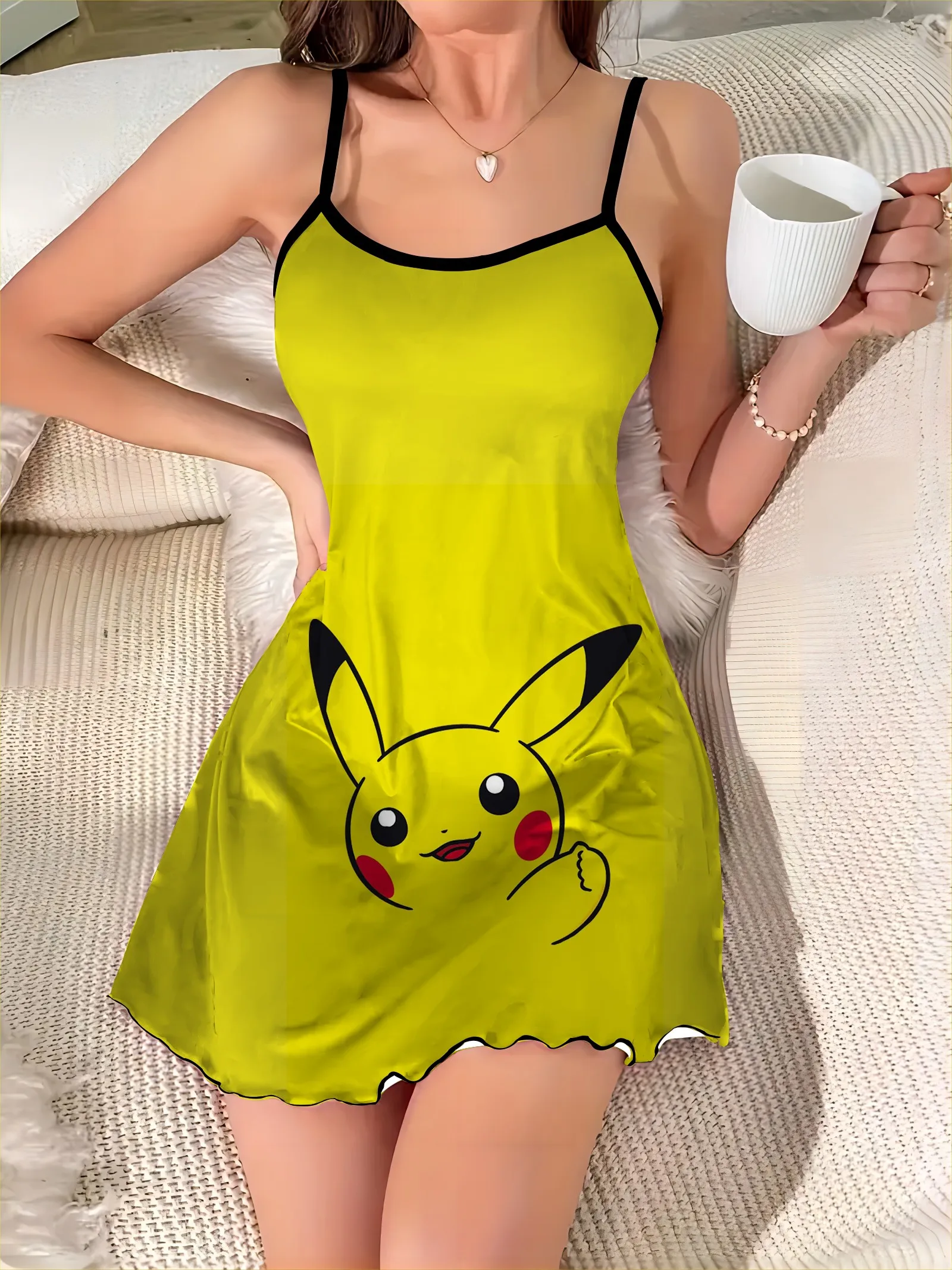 Pokémon Lettuce Trim Pajama Skirt Crew Neck Slip Dress Elegant Dresses for Women Pikachu Satin Surface Fashion Summer 2024 Mini