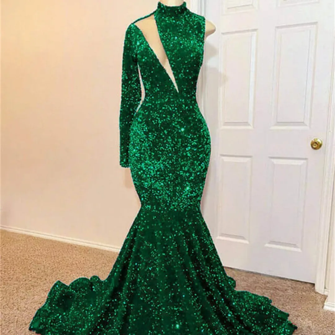 Zeemeermin Groene Pailletten Prom Jurken Één Schouder Hoge Hals Dames Elegante Formele Gelegenheid Jurk Vloerlengte Verjaardagsfeestjurk