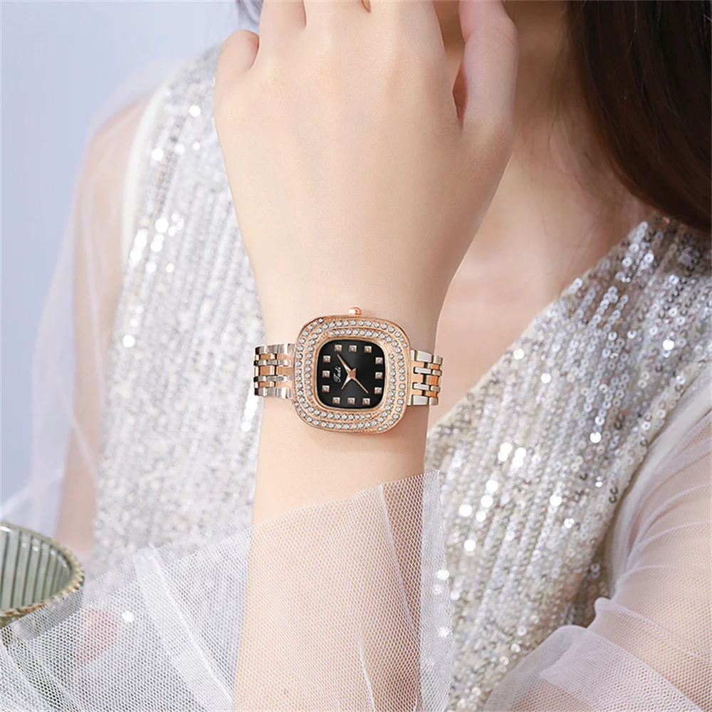 Fashion 2024 Full Star Diamonds Square Ladies Quartz Watch Luxury Stainless Steel Women\'s Dress Clock Gift Wristwatch