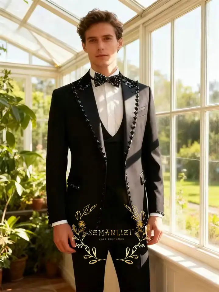 

3 Piece Black Wedding Men Suits Formal Groom Tuxedos Prom Party Male Suits Crystal Men Clothing Set Peak Lapel Jacket Pants Vest