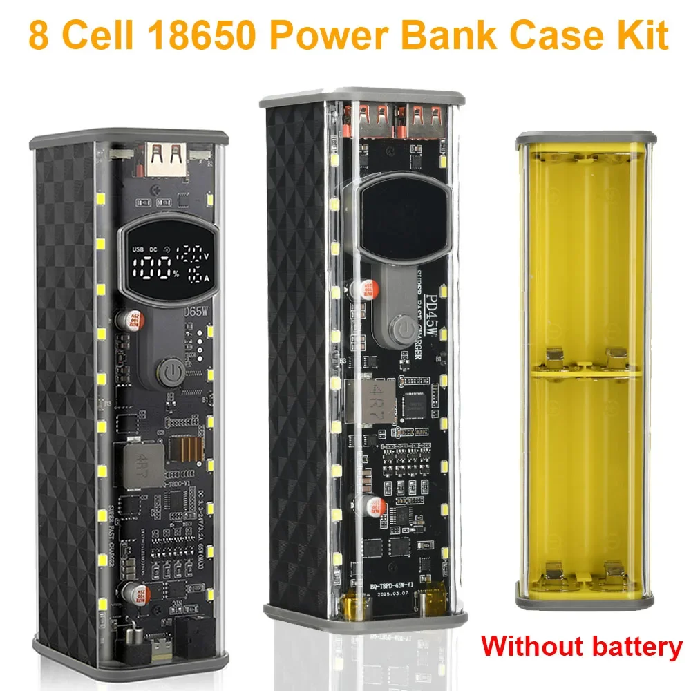 PD 65W/45W Transparent Power Bank Case 8 Cell 18650 DIY Power Bank Case Kit Fast Charging Battery Holder Case with LED Light