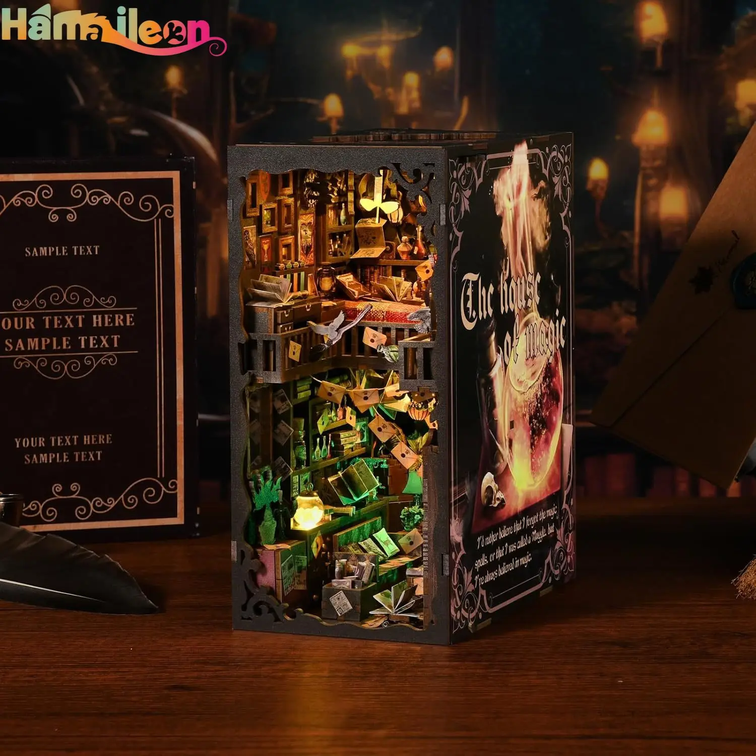 Hamaileon livro nook kit, casa de bonecas diy em miniatura, estante estante decoração modelo construir com capa poeira (casa de magia)