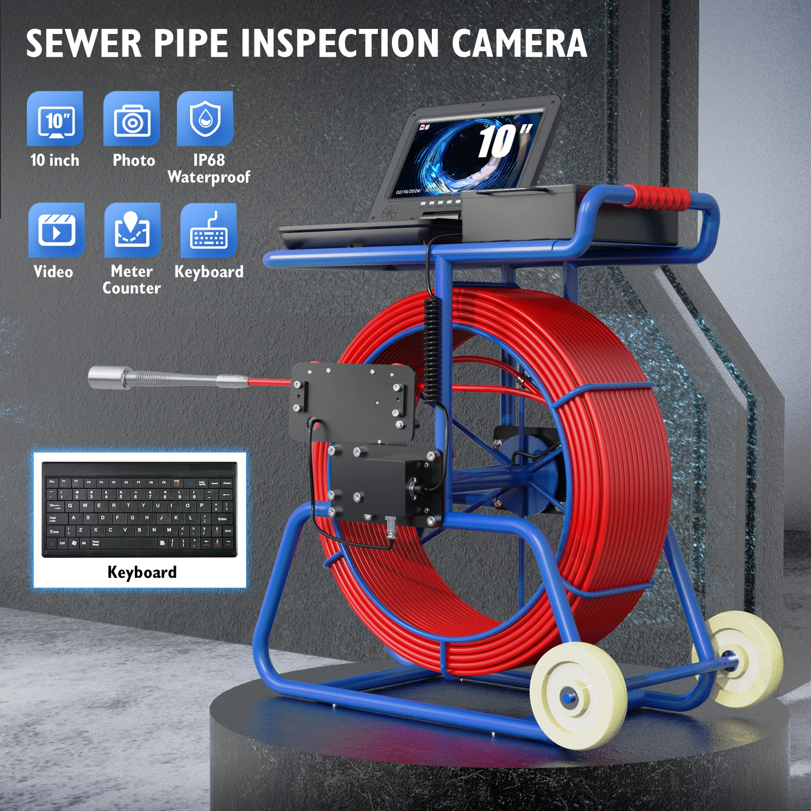 MS9mm Cable Sewer Pipe Inspection Camera 10 Inch IPS 1080P Screen and Meter Counter+Self-Leveling 512HZ Locator 50M/60M/70M/100M