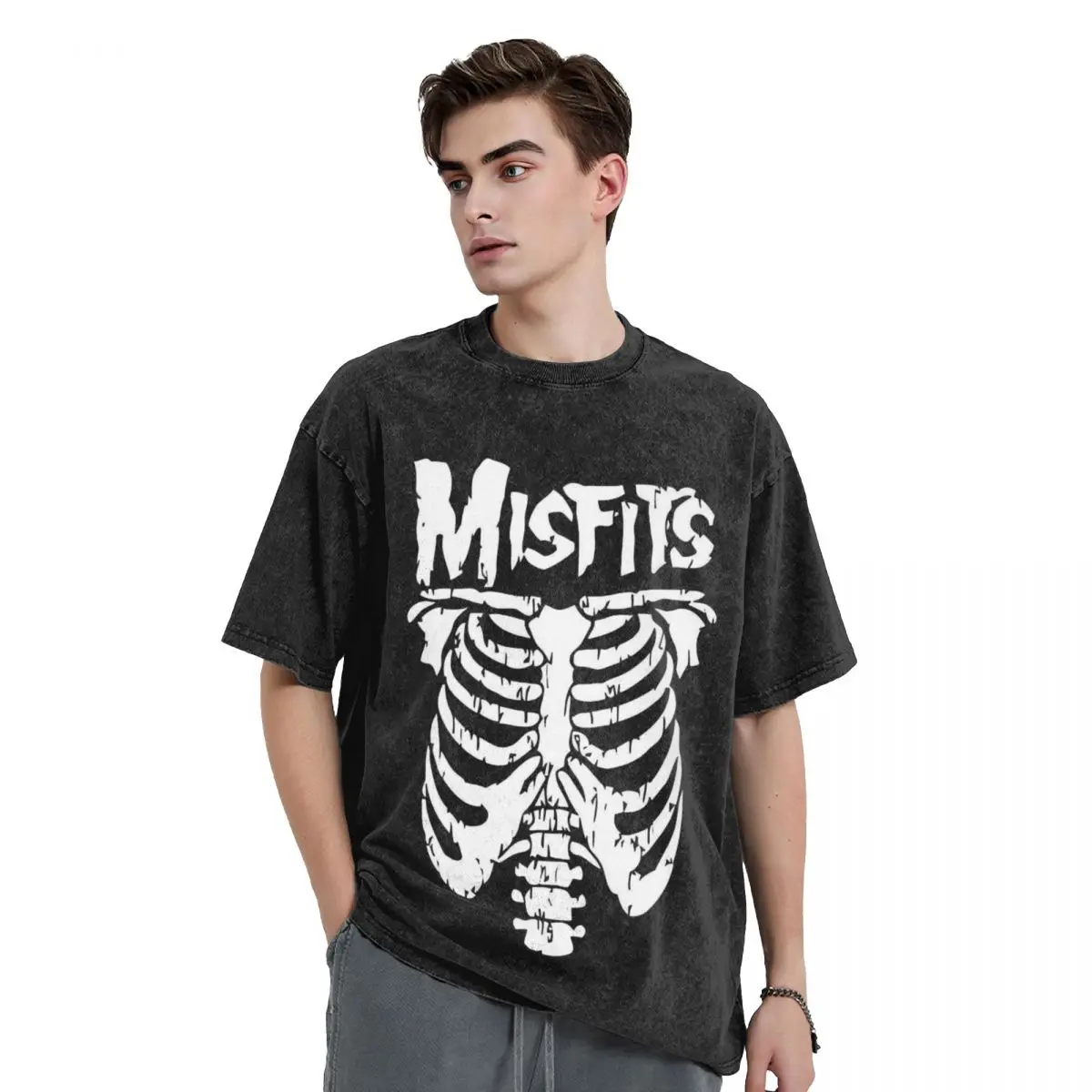 Misfits Skull woman Men Washed T-Shirt Hot stamping Print Tees,Harajuku Cotton Tshirt Men's Summer Short Sleeve Tees