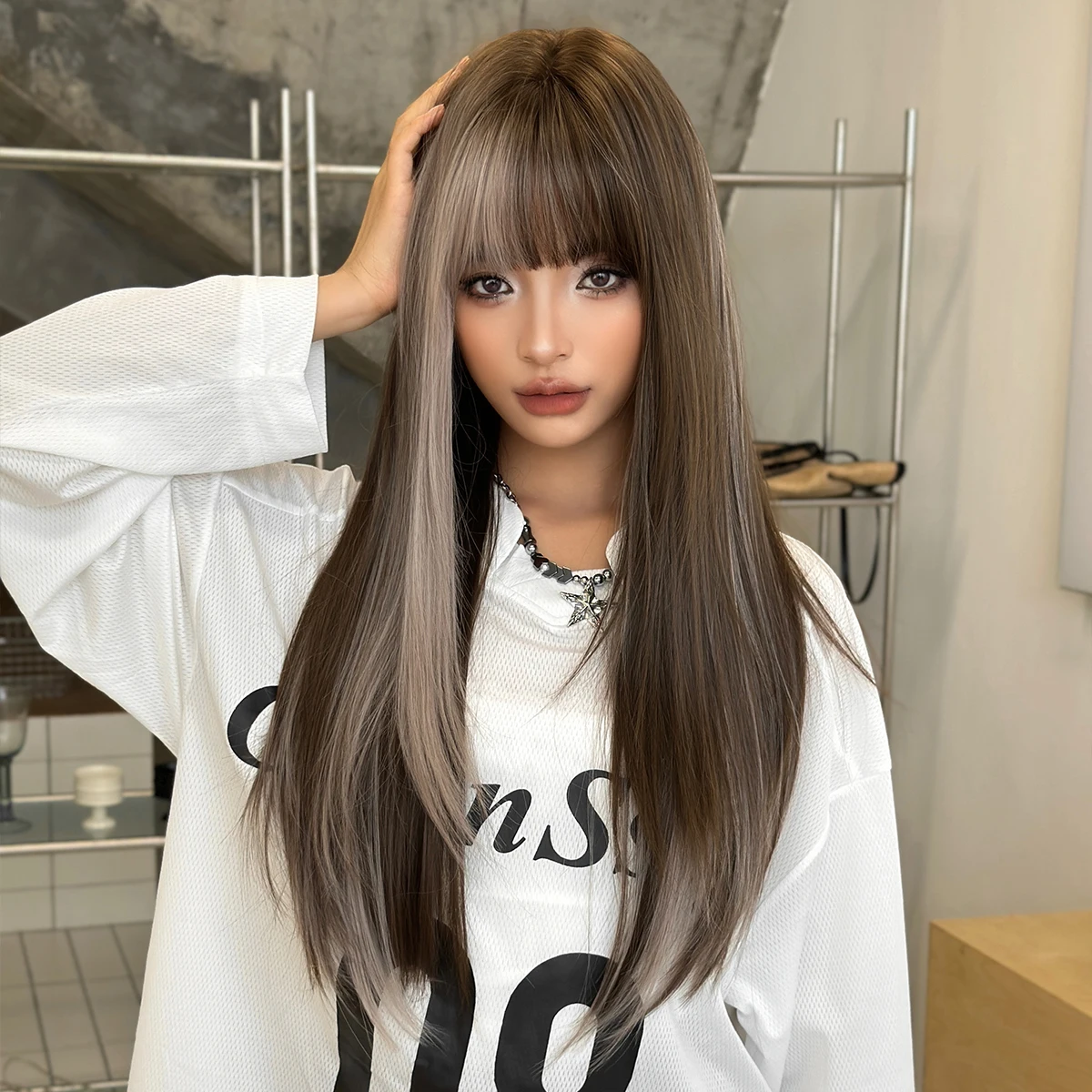7JHH WIGS Long Straight Brown Ombre White Wig for Women Synthetic Layered Modest Fashion Wear and Go Wigs with Neat Bangs - view 2