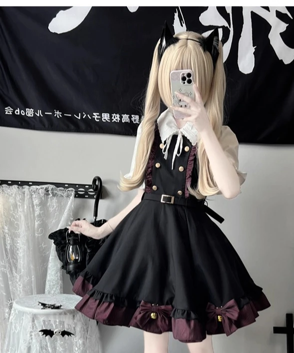 New Sweet Girl Japanese Bells Bow A-line High Waist Dress White Short Sleeve Turn-down Collar Age-reducing Shirt Two-piece Set