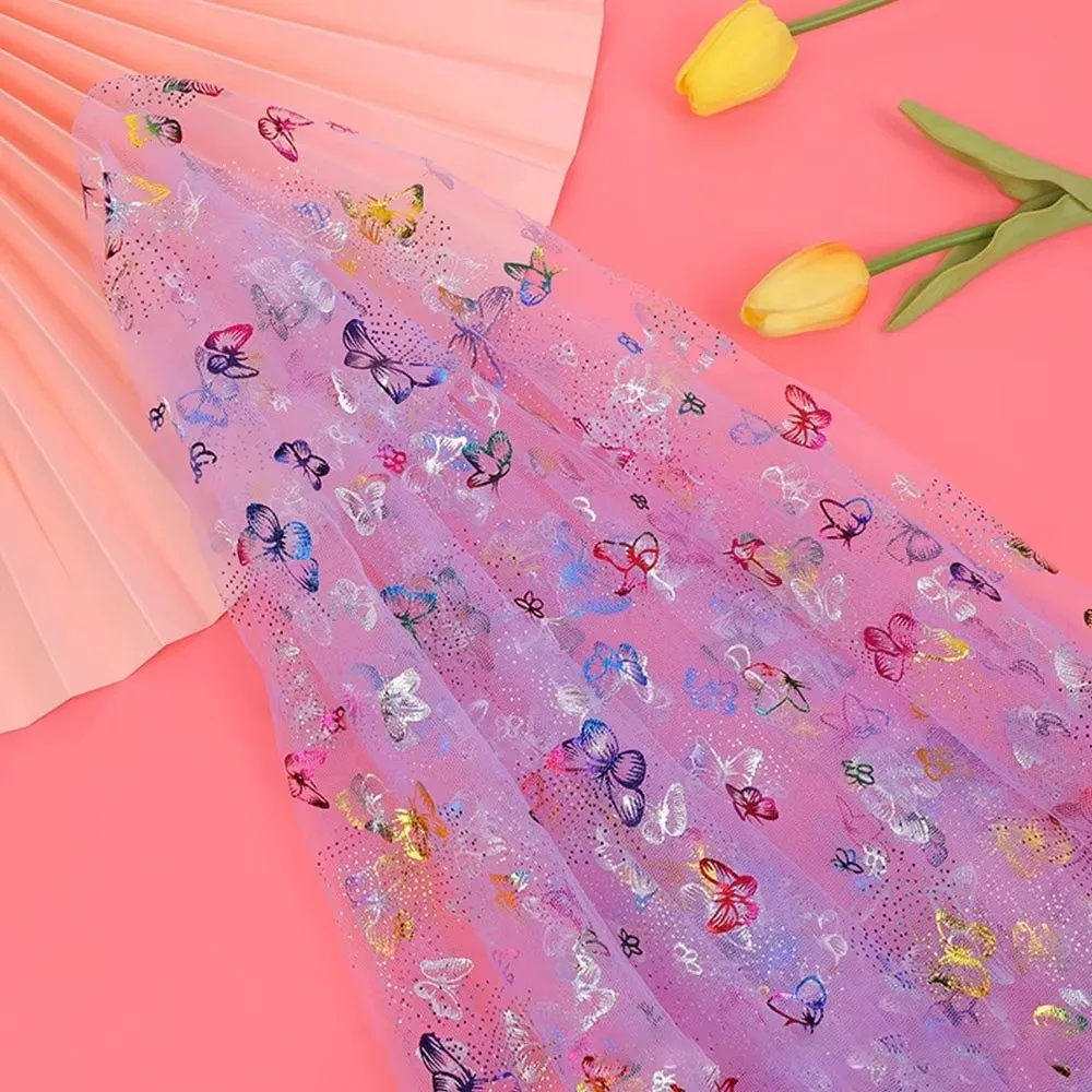 Tela de Tul Estampada con Mariposas Coloridas, Tela de Organza Metalizada Hecha a Mano, Material de Costura DIY, Tela de Malla