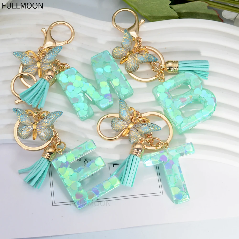 Fashion Green A-Z Initials Keychain Resin Letter Keyring with Butterfly Tassel Pendant for Women Bag Charm Car Key Accessories