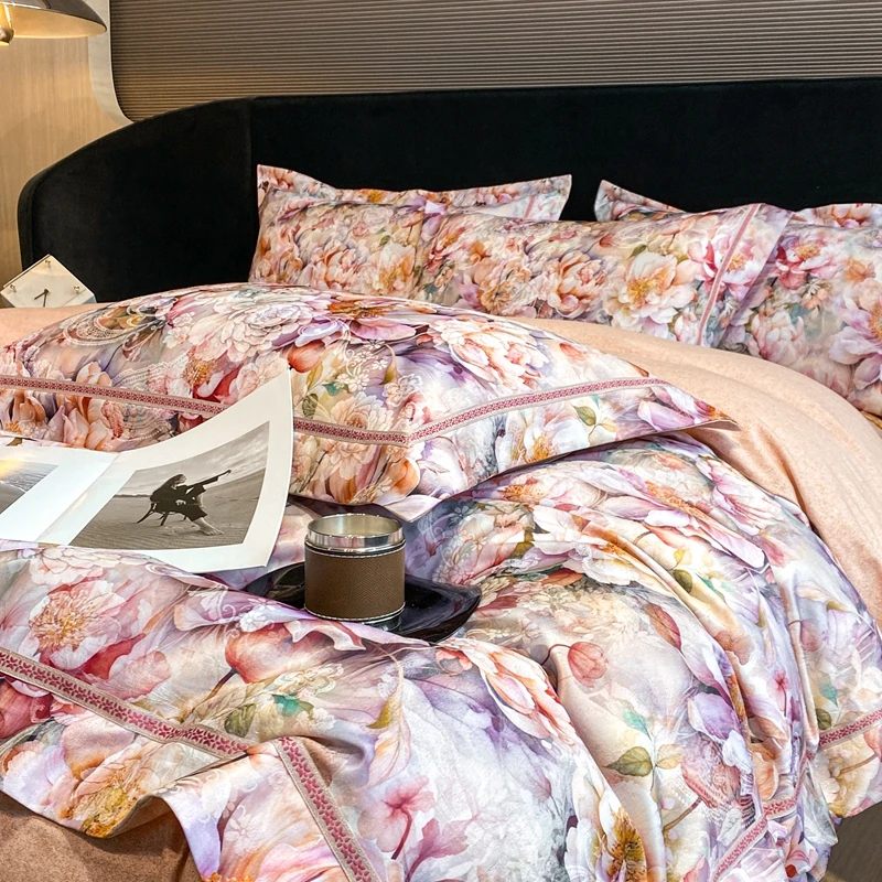 High end Digital Flowers Printing Bedding Sets Luxury Egyptian Cotton Jacquard Duvet Cover Bed Sheet Pillowcases Home Textile