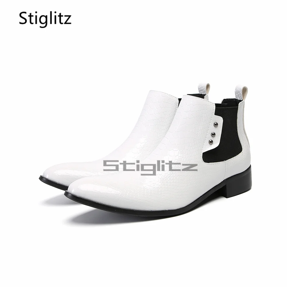 White Red Genuine Leather Chelsea Boots for Men Pointed Toe Rivets Stretch Ankle Boots British Style Slip On Low Heel Shoes
