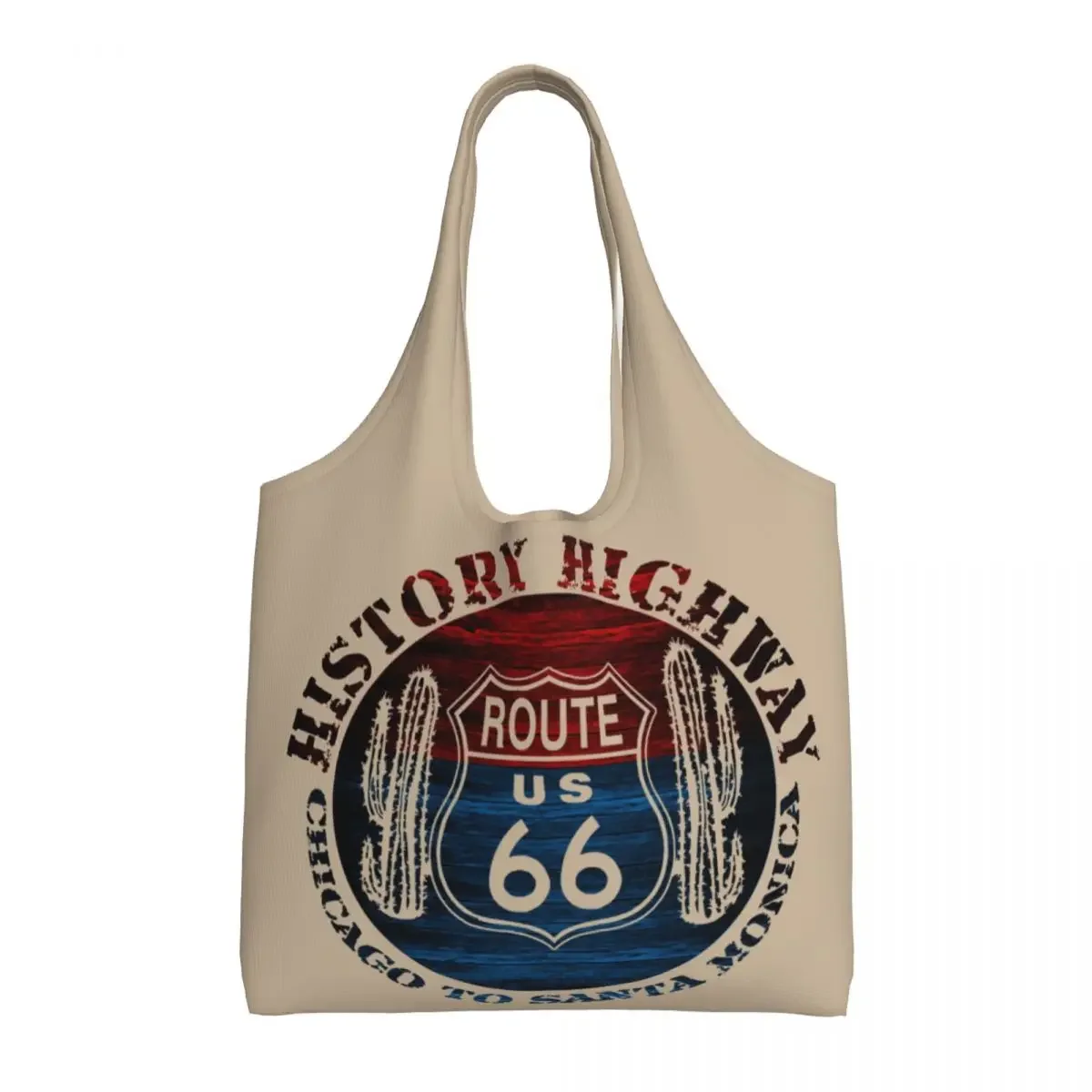 

Route 66 America Road Vintage Trip Groceries Shopping Bag Print Canvas Shopper Tote Shoulder Bag Large Capacity Washable Handbag