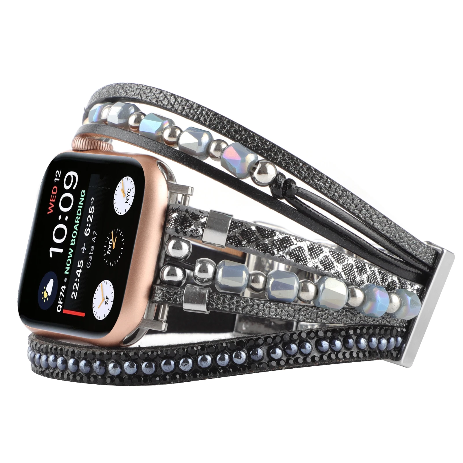 สายนาฬิกาโลหะสำหรับสายคาด Apple Watch ลูกปัดสุดสร้างสรรค์สำหรับ Series40 41 42 44 45 49มม. หนังทอประกายวิบวับสำหรับผู้หญิง Iwatch9876543เหล็ก