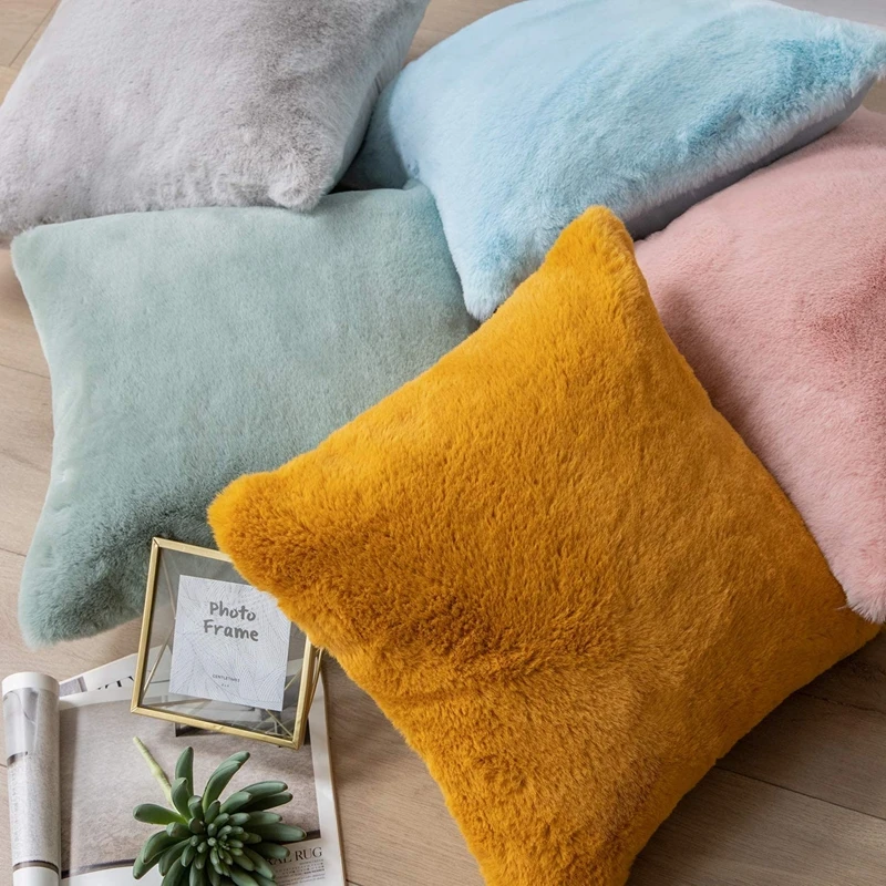 Yellow Luxury Throw Pillow Case Faux Rabbit Fur Cushion Cover with Zipper Soft Cozy Bedroom Sofa Couch Decor Coussin Canapé