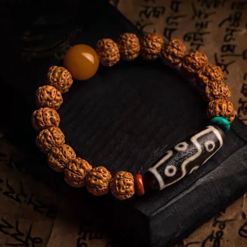 

Pure Natural King Kong Bodhi Nine-Eyed Dzi Bead Bracelet Walnut Buddha Beads Premium Men's High-End Cultural Plaything Gift