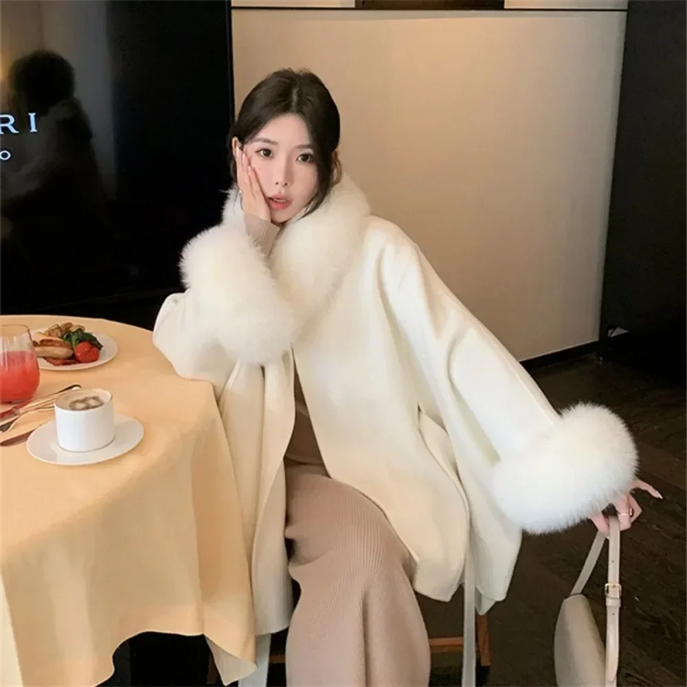 2024 New Autumn Winter Real Fox Fur Woolen Jacket Women Cloak Wraps Bat Nine-quarter Sleeve Wool Coat Female Long Loose Belt