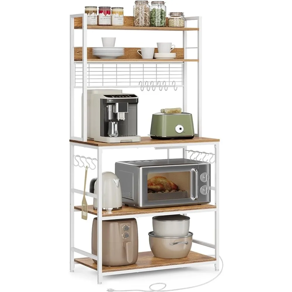 

Hooks Kitchen Accessories and Storage Shelf - 66.9in Adjustable Microwave Stand With Outlet Rustic White Freight Free Home