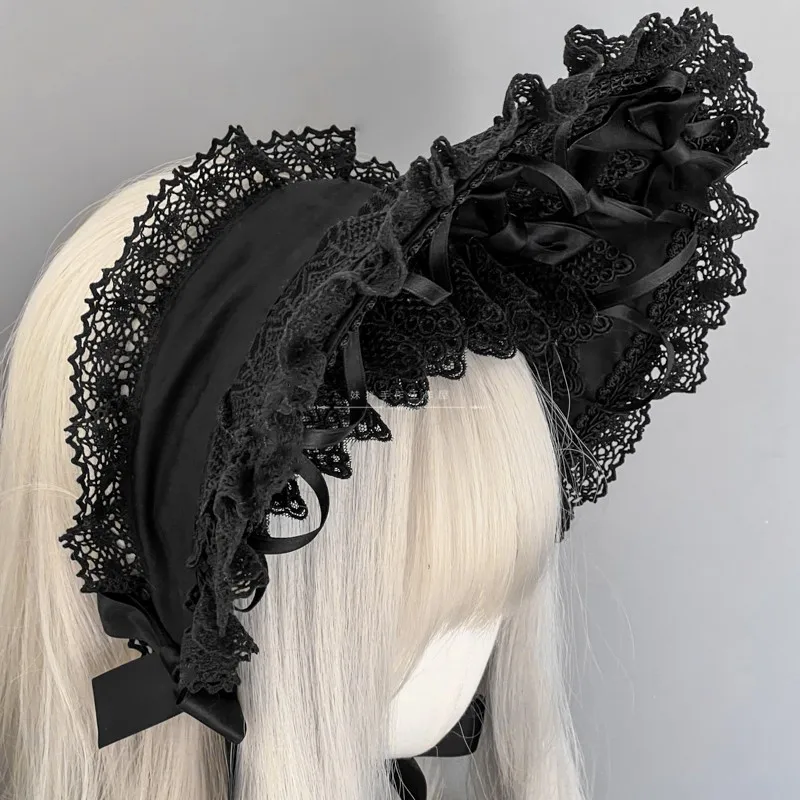 Chapéu de renda Lolita para mulheres jovens, boné gótico preto, gorro vintage para meninas