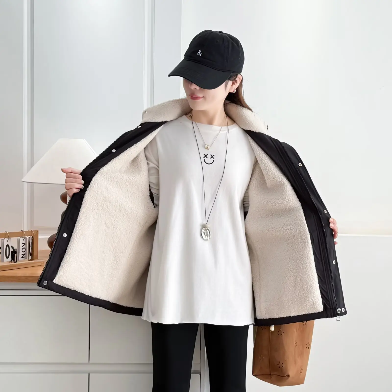 XXXXL موضة حجم كبير سترات نسائية شتوية جديدة غير رسمية بياقة واقفة جاكيت من الصوف معاطف متوسطة الطول 691 #3