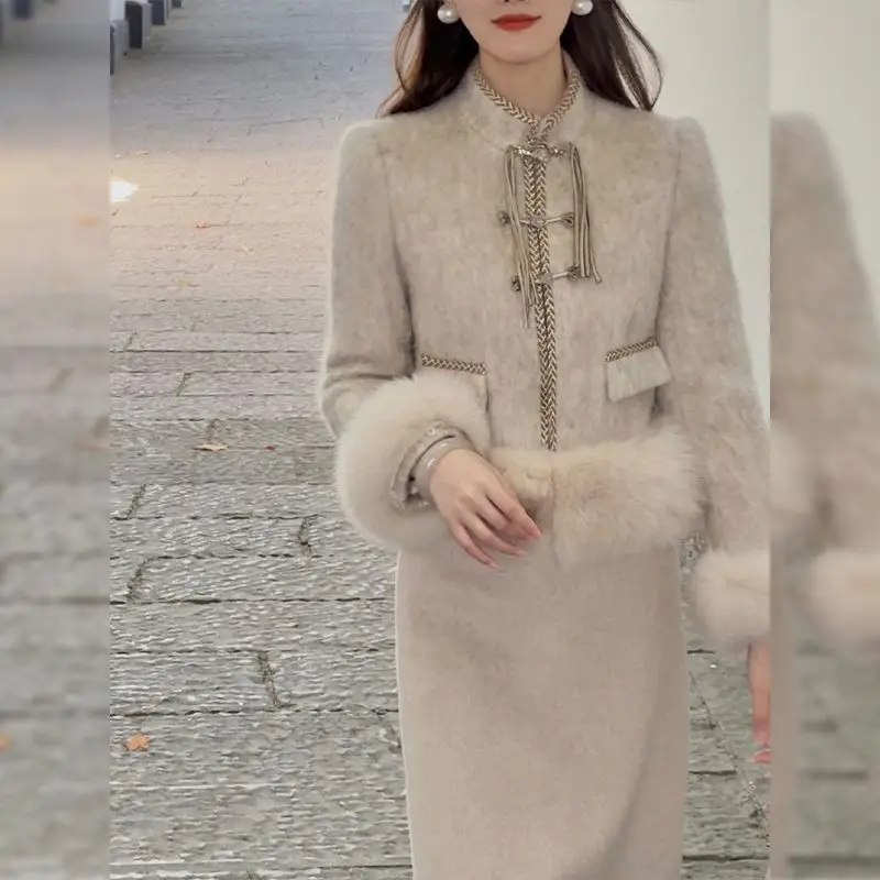 UNXX autunno inverno moda coreana dolce donna abiti polsini di pelliccia copre gonna lunga due pezzi Set donna vestito elegante Tweed