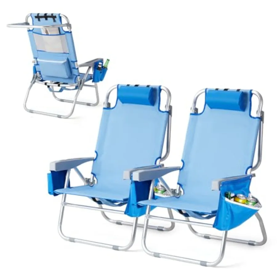 

Beach camping chairs for adults: lightweight folding backpack chairs with 5-position recline, cup holders, cooler bag, towel ba