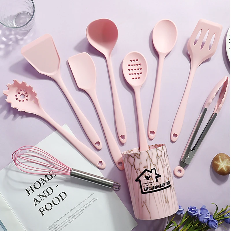 

10Pcs Silicone Cookware Utensils Set Pink Kitchenware Heat Resistant Non-stick Spatula Egg Shovel Beater Kitchen Cooking Tool