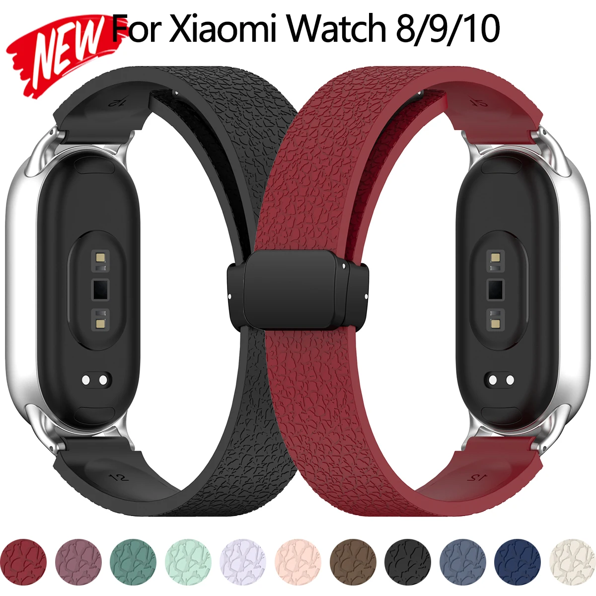 Magnetisches Sportarmband für Xiaomi Watch 10/9/8 Silikon-Slim-Armband für Miband 9/10/8 NFC Smartwatch Litchi-Schalenmuster Armband