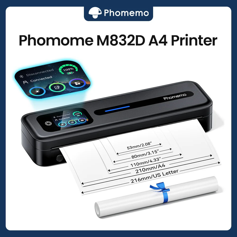 Phomemo M832D Upgraded Portable A4 Printer with Touchscreen Bluetooth Wireless A4 Maker Thermal Inkless A4 Printer