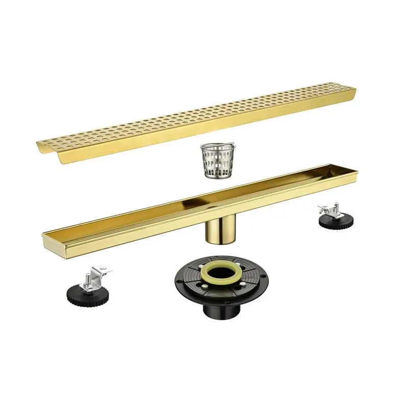 

24-Inch Linear Shower Drain with Removable Quadrato Grate, 304 SS Drain, Hair Strainer & Leveling Feet, Flange Included