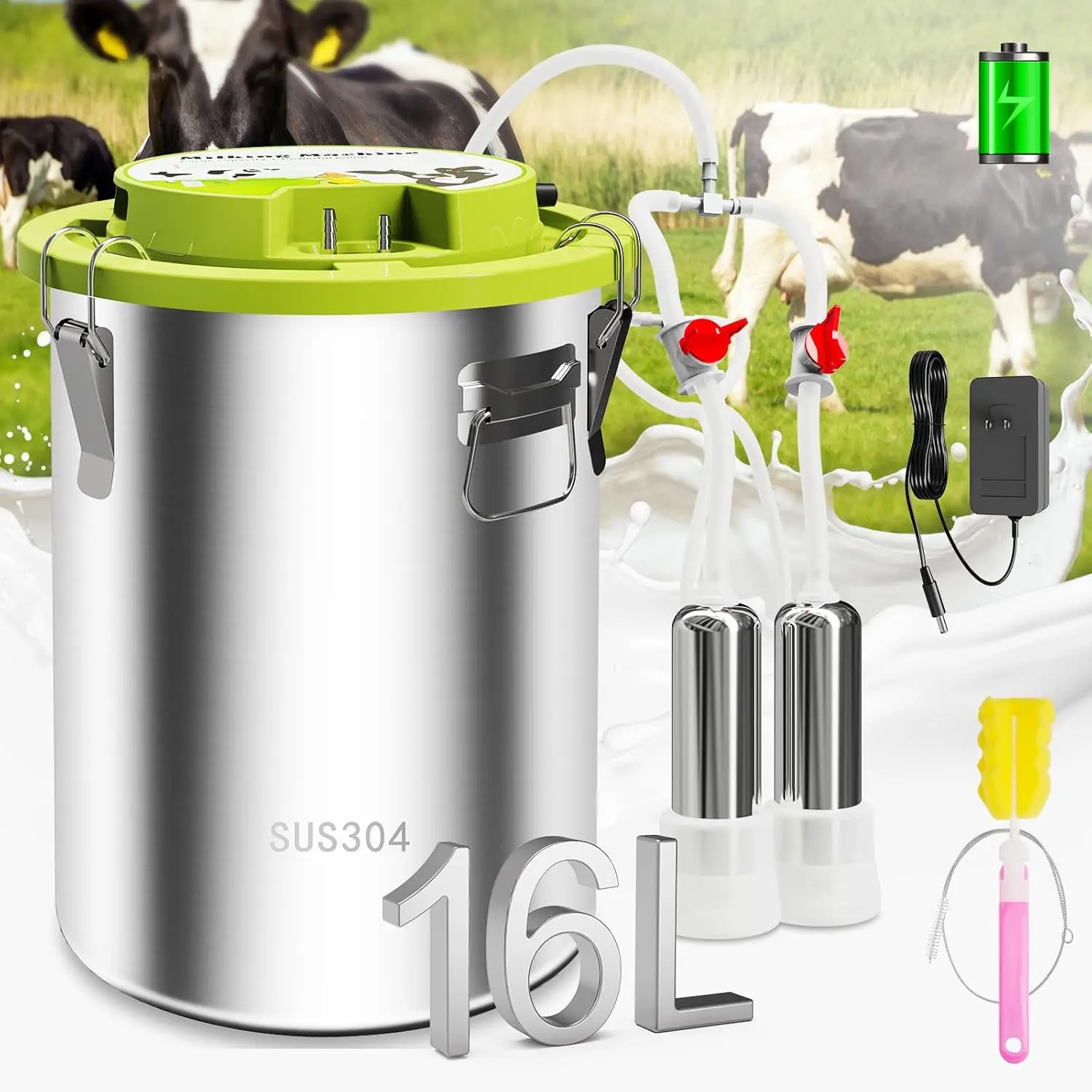 16L Cow Milking Machine Portable Rechargeable Battery Powered Cow Milker Machine Electric Pump Adjustable Pulsation Vacuum