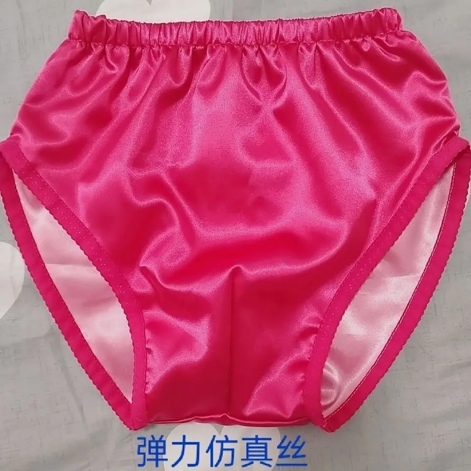 Glossy Rose Satin Ice Silk Men Lingerie Panties Women Plus Size Underwear Sexy Briefs