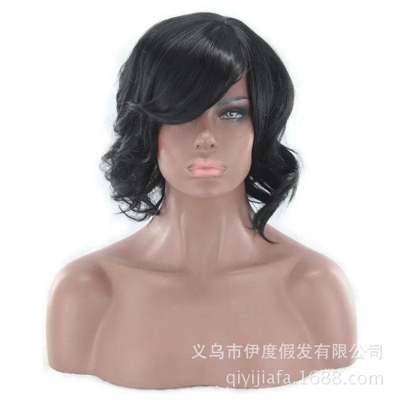 Synthetic Halloween Wig for Women Black Side Bangs Short Curly Full Head Cosplay Costume Rose Net Party Hair
