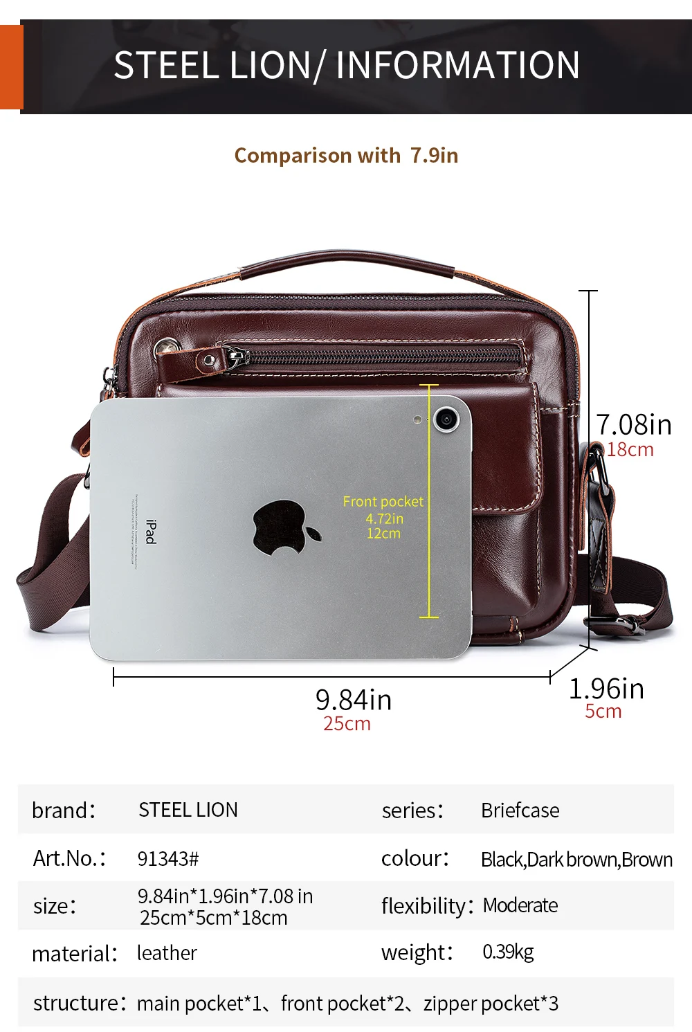STEEL LION Herren-Umhängetasche aus Rindsleder, lässige Sporttasche, horizontale Handytasche aus echtem Leder – Detail 5