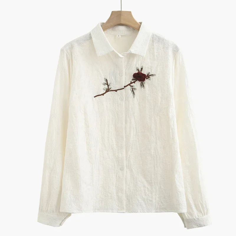 

Рубашки женские с цветочной вышивкой, универсальные рубашки с длинными рукавами, весенние новые шикарные винтажные топы с отложным воротником, белые женские топы