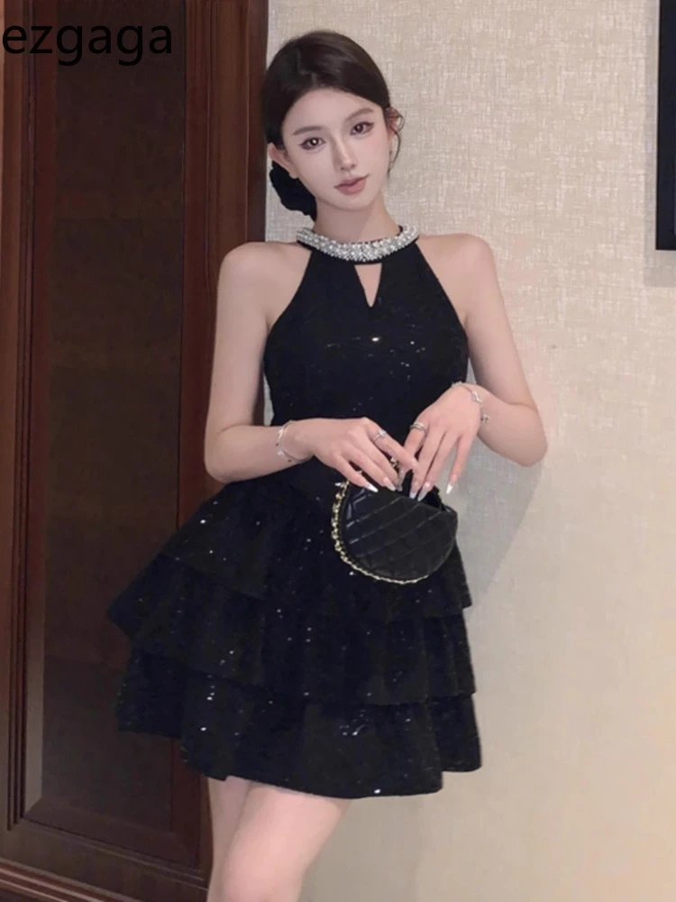 Ezgaga Woman Dress Sleeveless Sequins Rhinestone Halter Hollow Out Slim Ruffles Bowknot Vintage Elegant Mini Dresses Sexy Ladies