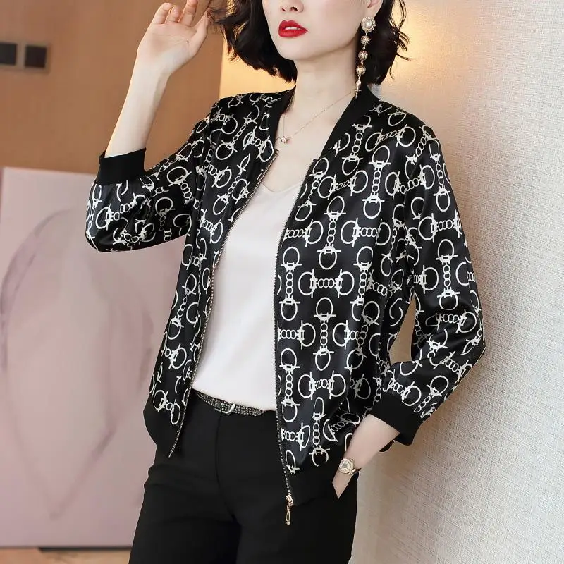 Women Fashion Print Slim Long Sleeve Zipper Baseball Jackets Spring Autumn Casual Thin Outerwear Short Coat Female Clothing 4XL