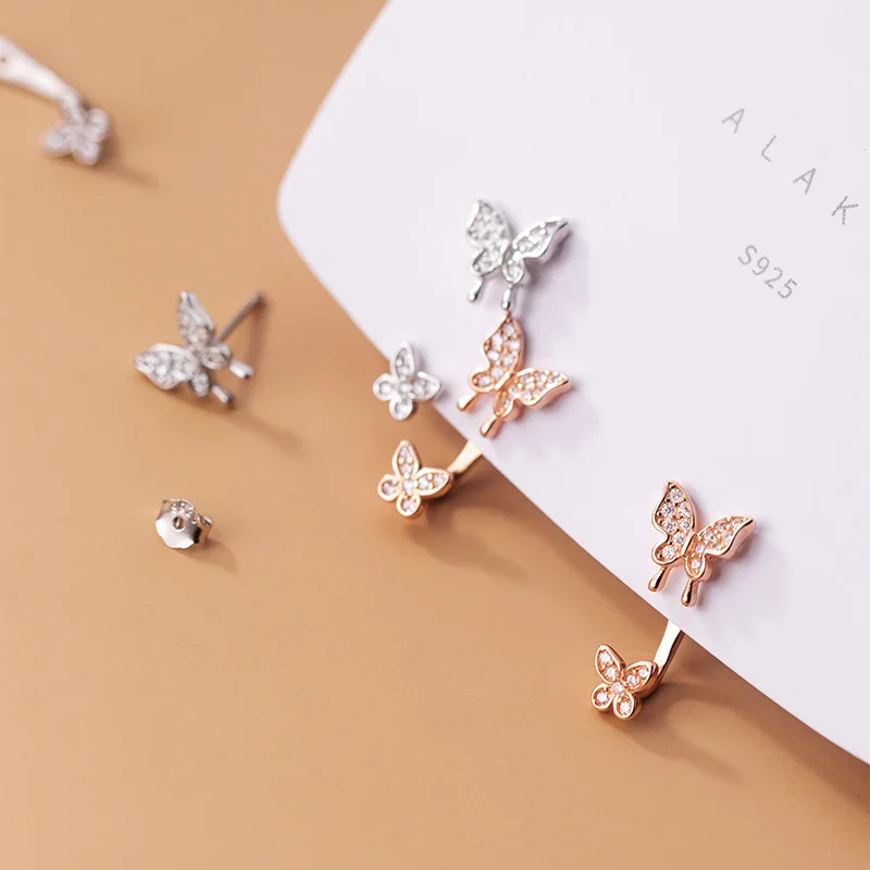 

astudio s925Silver Double Butterfly Rhinestone Earrings Women's Back Hanging Decoration Dual-Wear Stud EarringsG8207