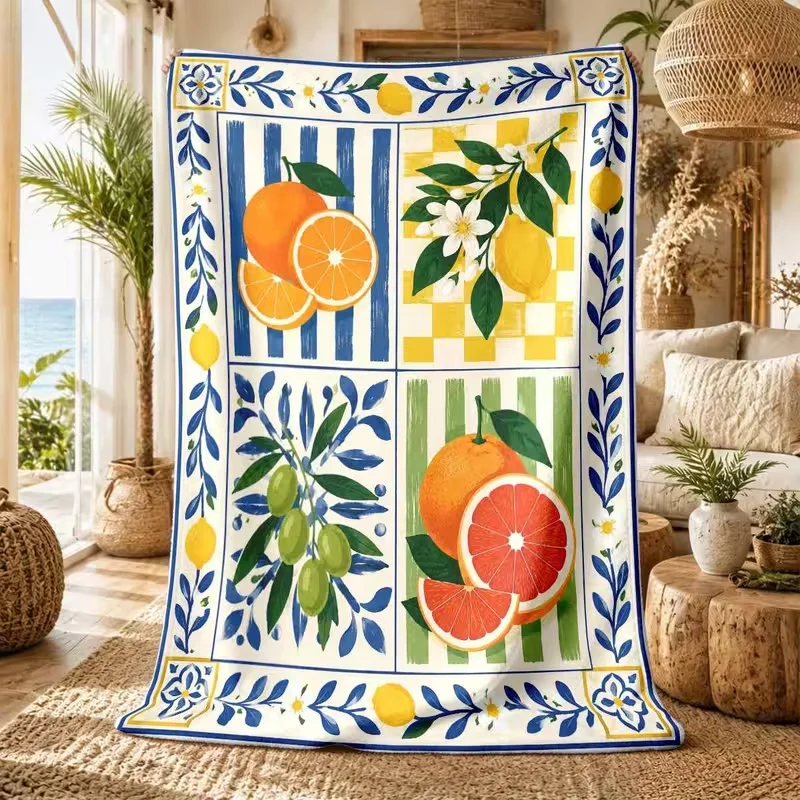 Mediterranean Citrus Fruit Orange Lemon Olive Print Throw Blanket Soft Cozy All‑Season Blanket for Sofa Bed Farm Home Decor