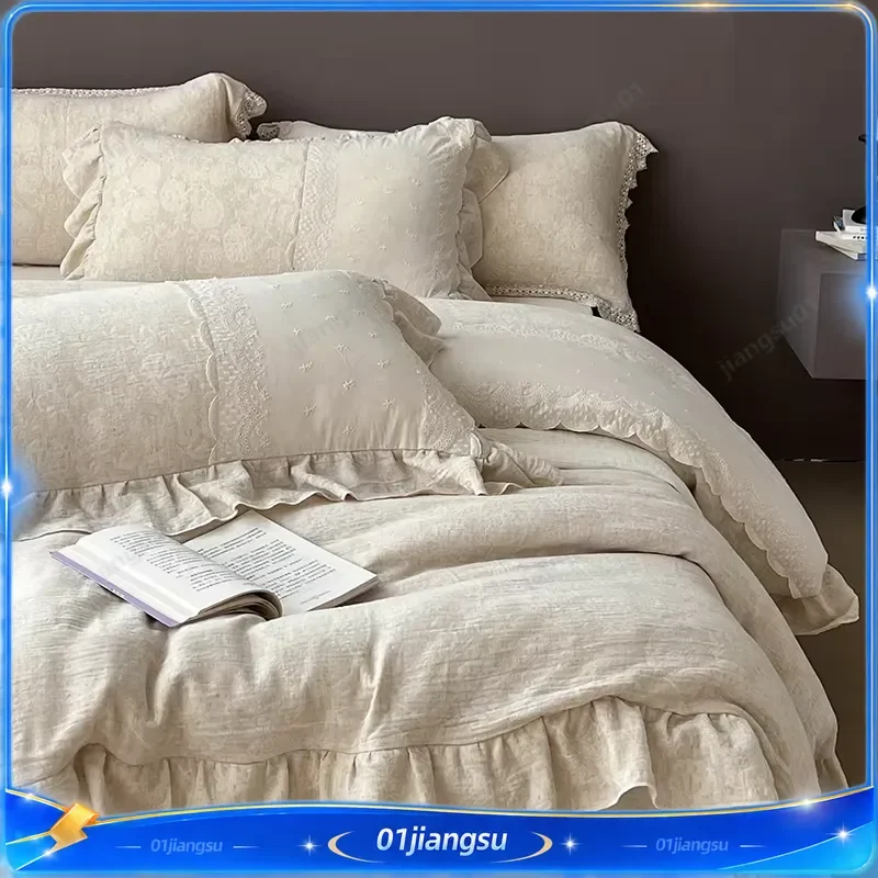 4Pcs French Vintage Jacquard Lace Ruffles Bedding Set Natural Linen Cotton Duvet Cover Fitted Sheet Pillowcases Boho Home