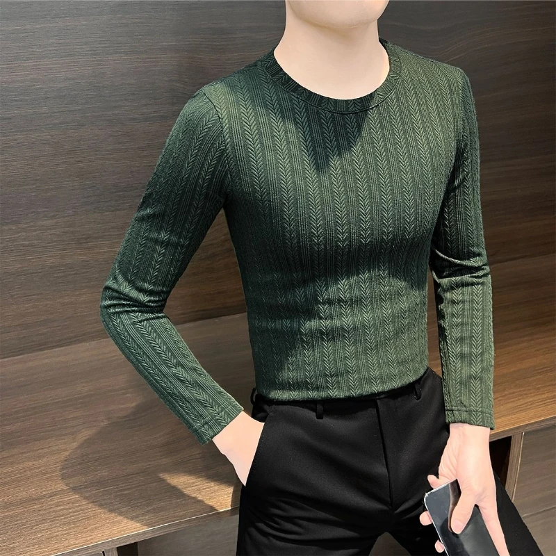 Men's Slim Fit Long Sleeve Thermal Undershirt Stretchy Striped Jacquard Base Layer for Autumn Winter Inner Wear Fitted T-Shirt