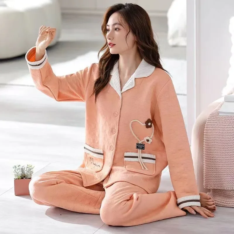 2024 New Autumn Winter Women's Thickened Sandwich Double Length Sleepwear Casual Polo Collar Loungewear Cardigan Loose Homewear