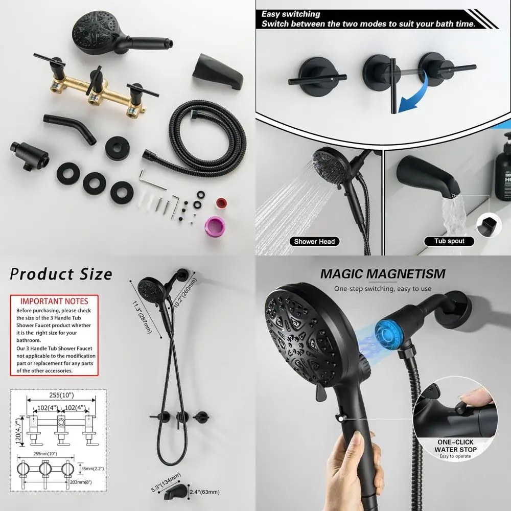 

10-Spray Matte Black Tub Shower Faucet Set with Magnetic Dock and High-Pressure Handheld Shower