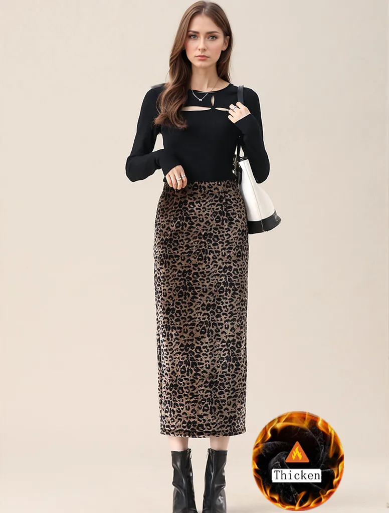 

Vintage Print Leopard Velvet Velour Pencil Skirt For Women 2024 High Waist Casual Sexy Split Thicken Long Skirt Female