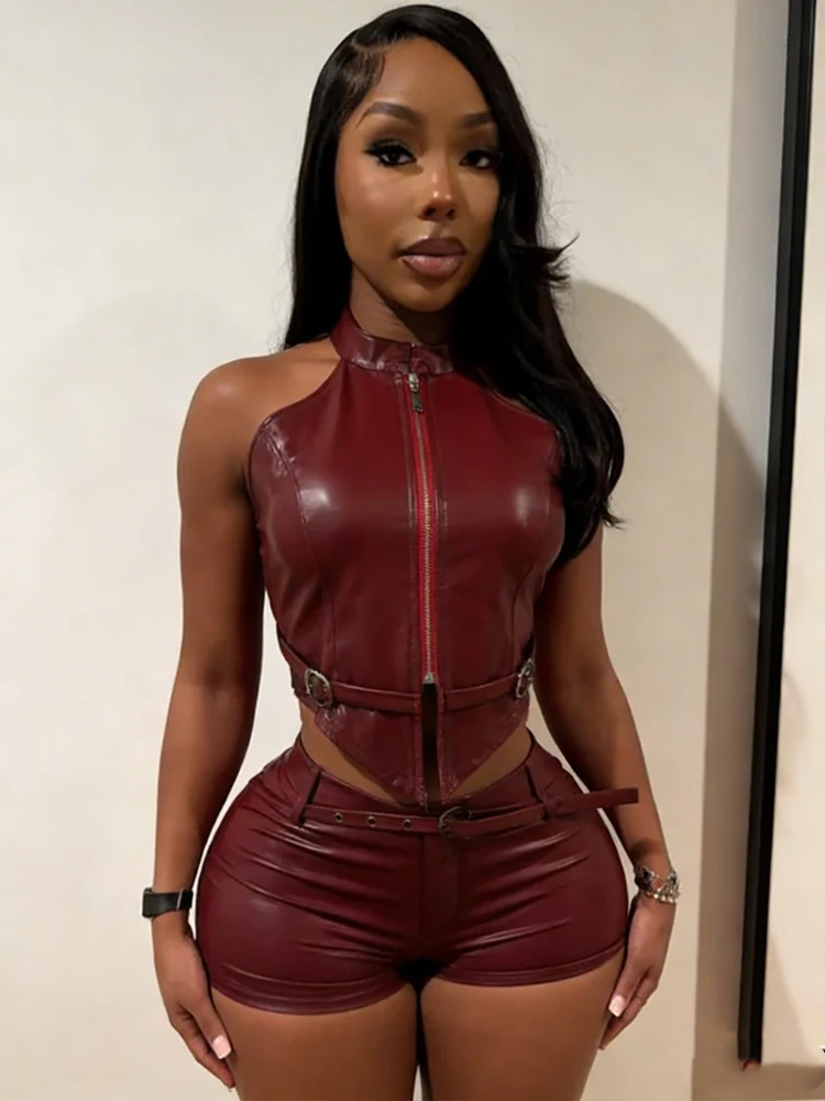 Conjunto de 2 Piezas de Piel Sintética Weird Puss Belt para Mujer, Top Corto Sexy con Cierre y Pantalones Cortos Ajustados, Estilo Hipster, Ropa de Club de Lujo para la Medianoche