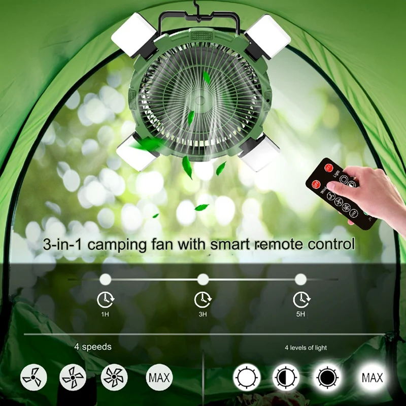 Ventilateur de Plafond Portable Sans Fil, Rechargeable, avec Lumière et Télécommande, pour Camping en Plein Air, 8000mAh