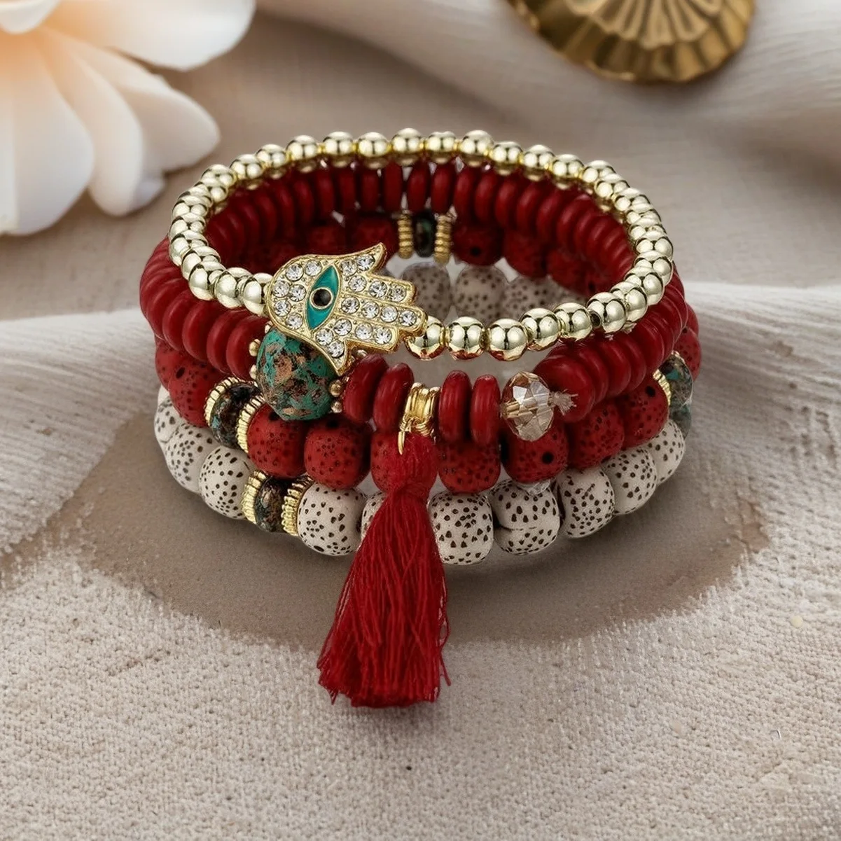 4-teiliges Armband-Set mit dem Motiv des „bösen Auges“ für Damen, mit Kristallanhänger in Form der Hand Fatimas, Quasten, elastischen Perlen und Kettengliedern, Herren-Modeschmuck und Accessoires. – Detail 5