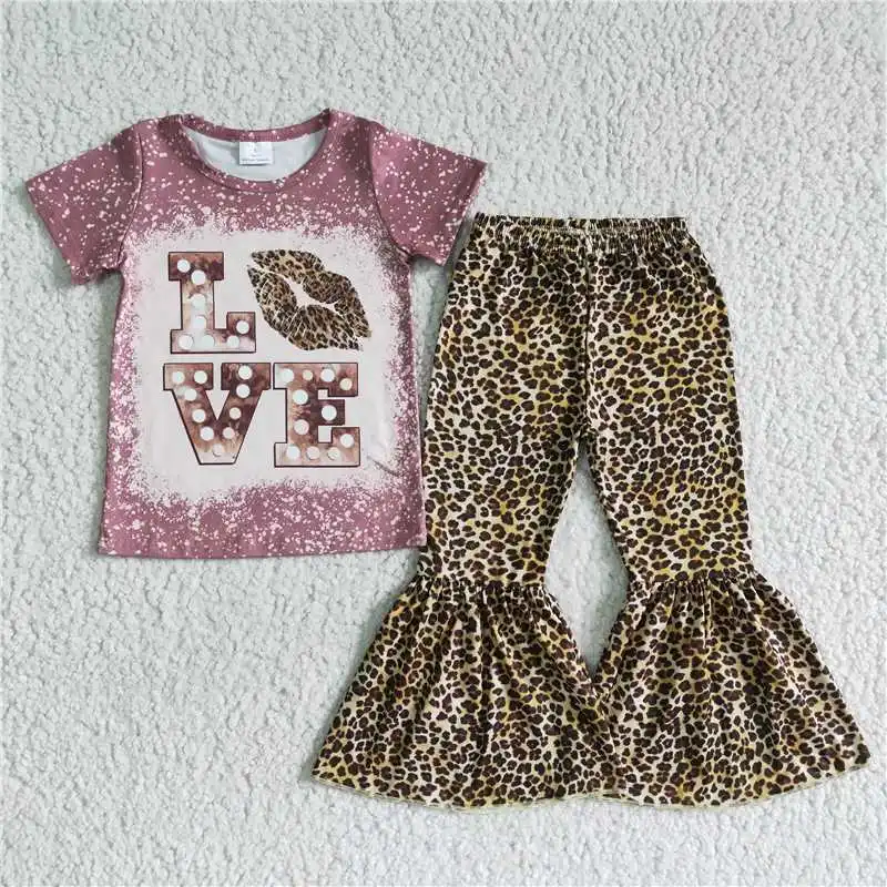 2022 RTS Fashion Baby Girls Love Bean Paste Pink Short Sleeve Tee Shirt Leopard Bell Pants Sets Boutique Outfits Kids Wearing