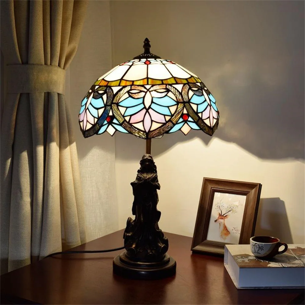 FUMAT High Quality Vintage Blue Mediterranean Style Bedside Table Lamp Stained Glass Tiffany Table Lamp