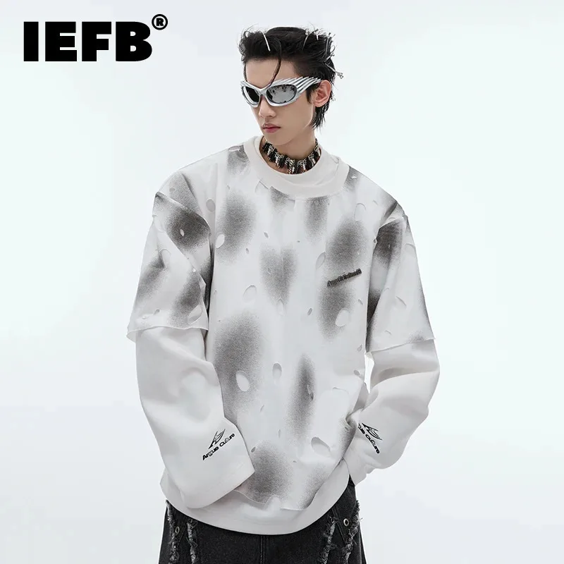 IEFB Vintage Washed Men Sweatshirt Fake Two-piece Holes Design Long-sleeved Autumn New Couple Top 2024 Fashion Niche 24E1829